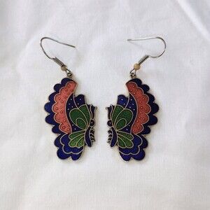 Vintage Butterfly Cloisonne Dangle Earrings Gold Green Blue Red Cute